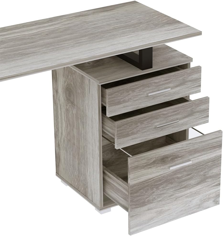 BAKAJI Scrivania Con cassettiera Bureau met lade, computertafel, staal, hout, kantoor grijs, Unica