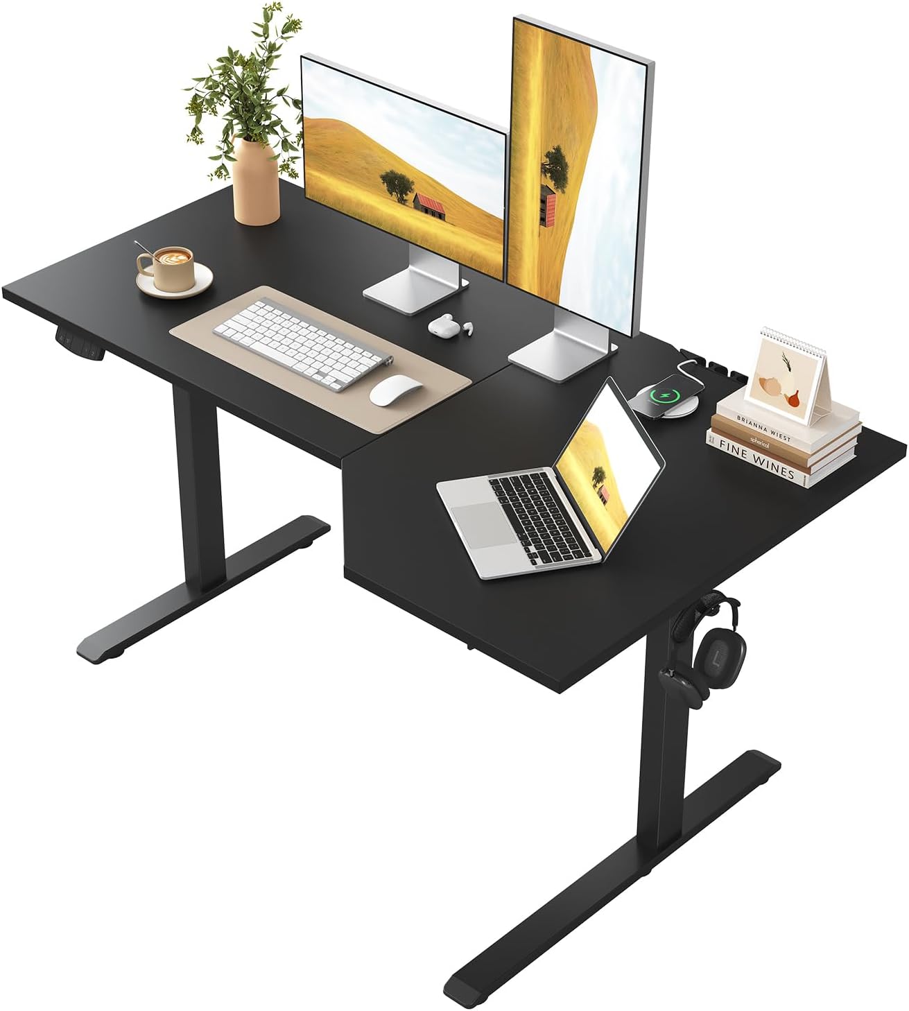 Klicelor L-vormige Verstelbare Hoogte Bureau, 160x (60-90cm), Elektrische Staande bureau, Zit-Sta Bureaux voor het Thuis Kantoor, Ergonomische Computertafel met Splytplaat, zwart