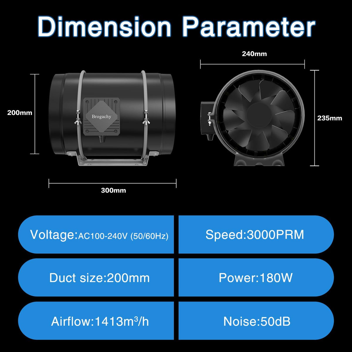Kanaalventilator 200 mm – Afvoerventilator – Buisventilator – Inline Ventilator – Afzuigventilator – Driefasige EC-Motor – 1413 m³/h Luchtstroom, 51 dBA Geluidsniveau