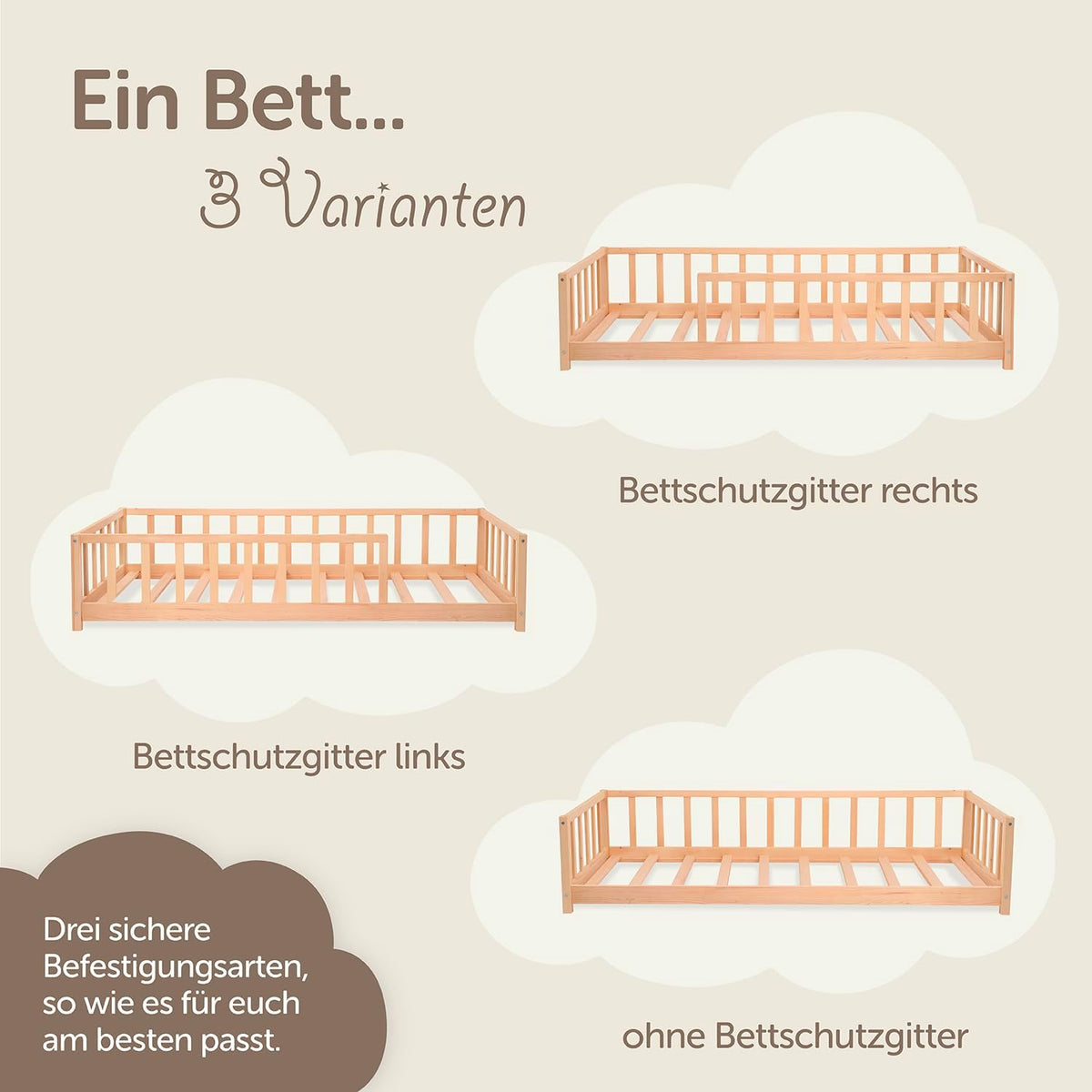 Vloerbed 140x200 met valbescherming incl. lattenbodem voor jongens en meisjes - ook als kinderbed 90x200 - duurzaam kinderbed van grenenhout - Montessori bed (natuur, 140 x 200 cm)
