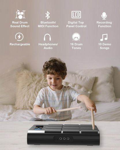 9-pads elektronische drum met LCD, dubbele stereoluidsprekers en pedalen | Draagbaar tafeldrumset voor beginners en professionals | Bluetooth MIDI-compatibel | Ideaal voor thuis, studio en