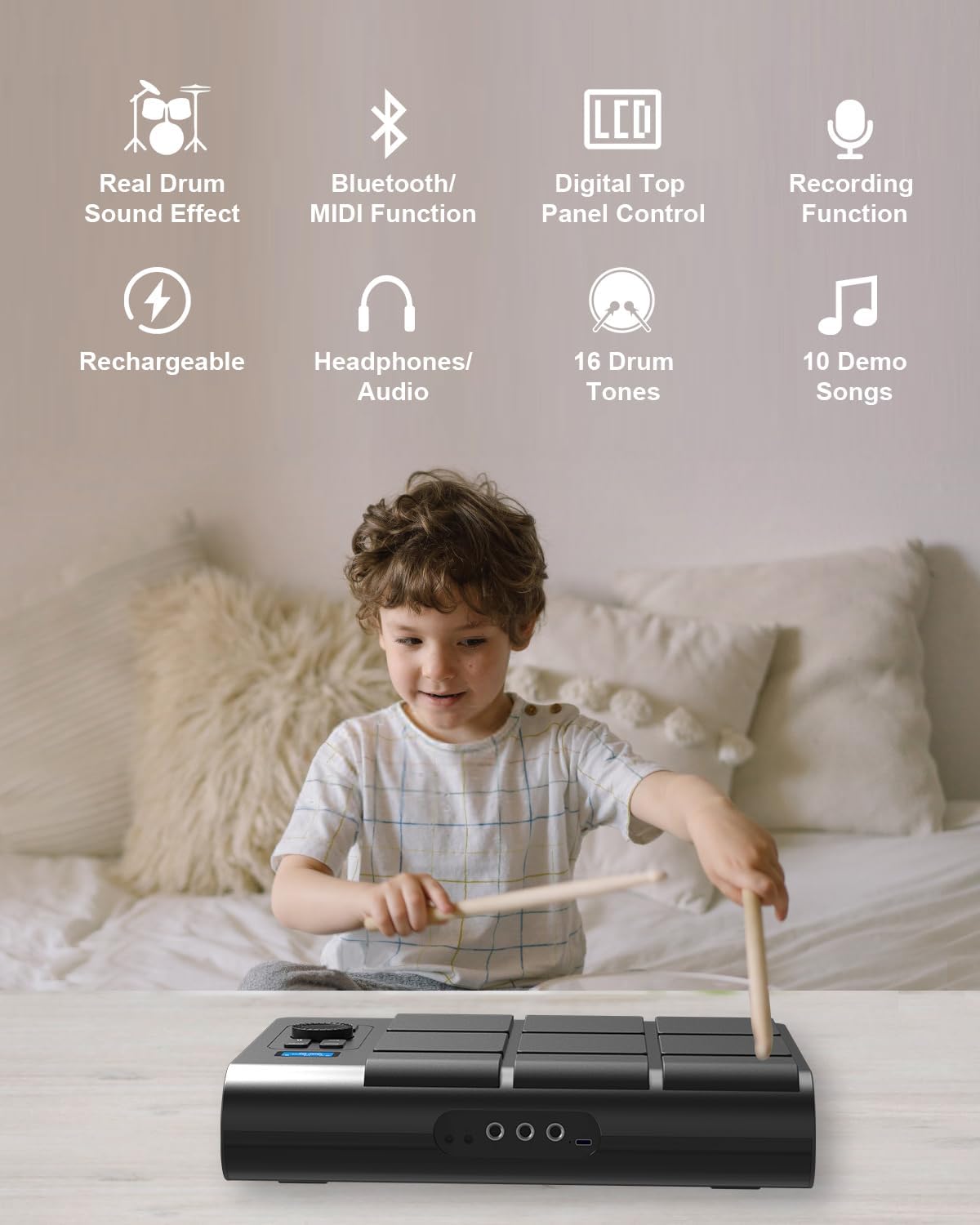 Draagbaar elektrisch drumstel met 9 pads met LCD-scherm, dubbele stereoluidsprekers en pedalen - digitale drumset voor beginners/professionals, compatibel met pc/Mac, thuistraining en live