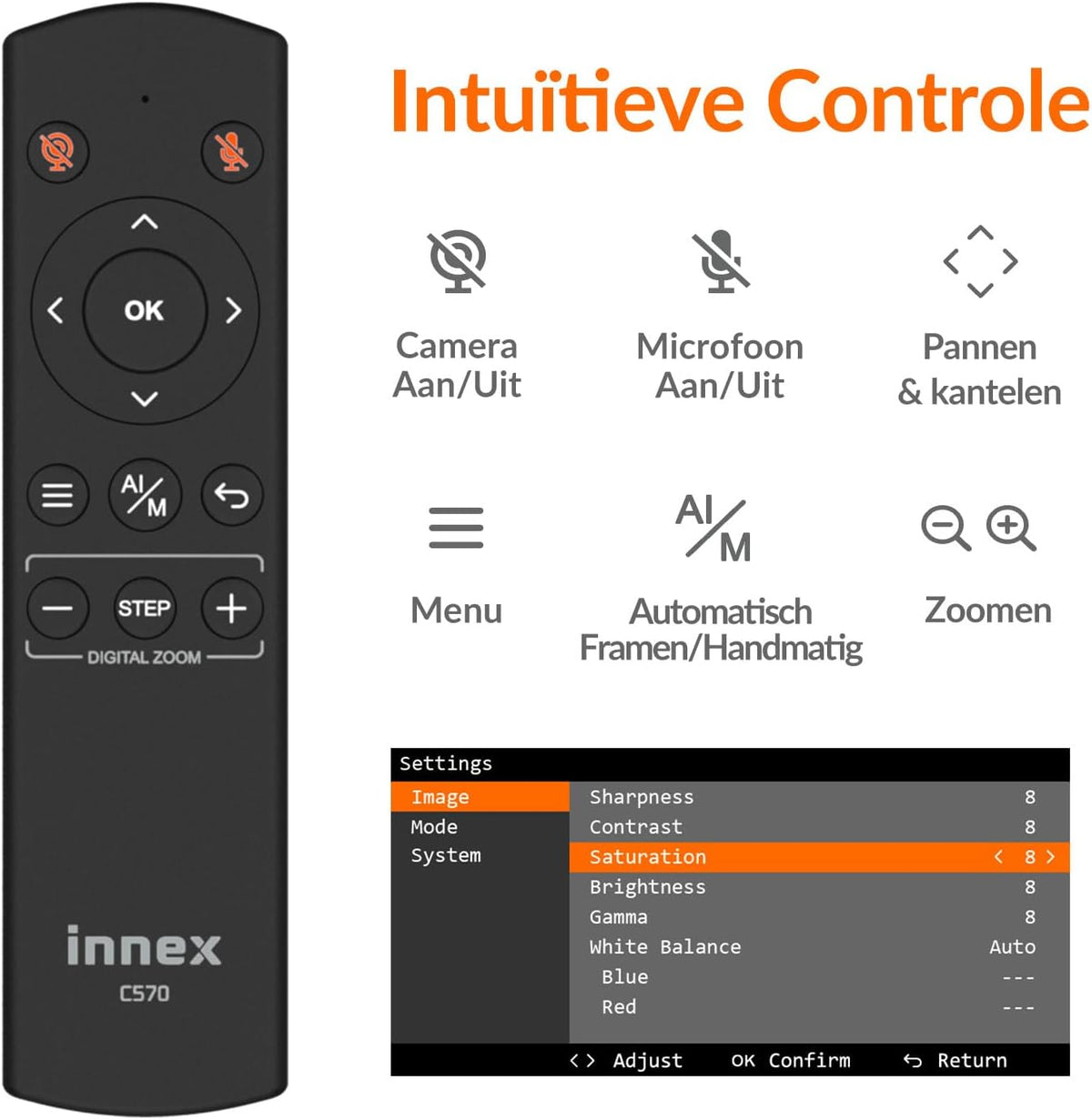 Innex C570 Webcam 4K with 120 Degree Wide Angle, AI Tracking, Car Framing, ePTZ, with Microphone, 5x Digital Zoom, Remote Control, Webcam Cover, Zoom Conference Camera, Microsoft Teams