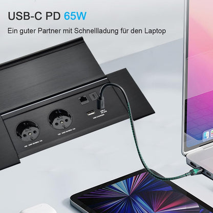 Connectiviteits-box, conferentietafel, power box met 2 stopcontacten + 1 USB-A en type C-oplader + 1 CAT6+ 1 HDMI/USB-C data (zwart) (flip up)