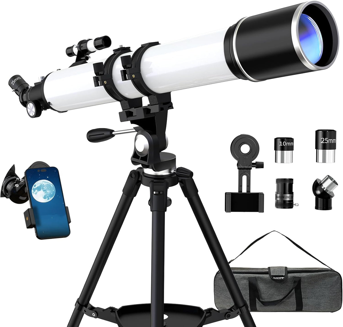 FAMIROSA Telescoop voor volwassenen astronomie, 90 mm diafragma 900 mm refractortelescopen voor kinderen en beginners, vergroting 36X-270X, met telefoonadapter, statief en draagtas (wit)