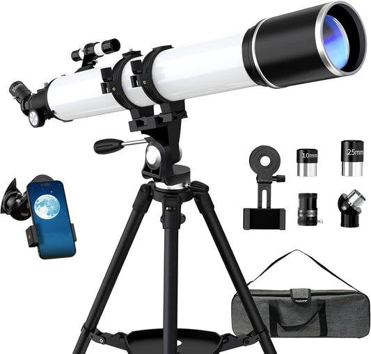 FAMIROSA Telescoop voor volwassenen astronomie, 90 mm diafragma 900 mm refractortelescopen voor kinderen en beginners, vergroting 36X-270X, met telefoonadapter, statief en draagtas (wit)