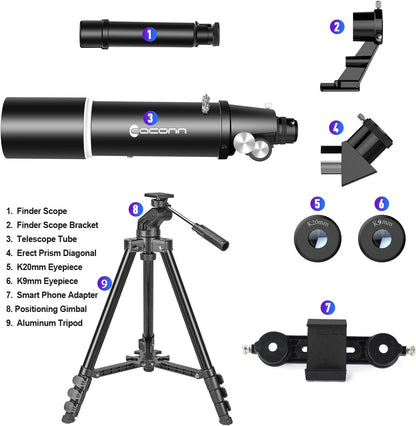 Telescoop, astronomie telescoop voor volwassenen, 80 mm Aperture 600 mm draagbare reisscoop voor beginners en kinderen met statief telefoon adapter rugzak