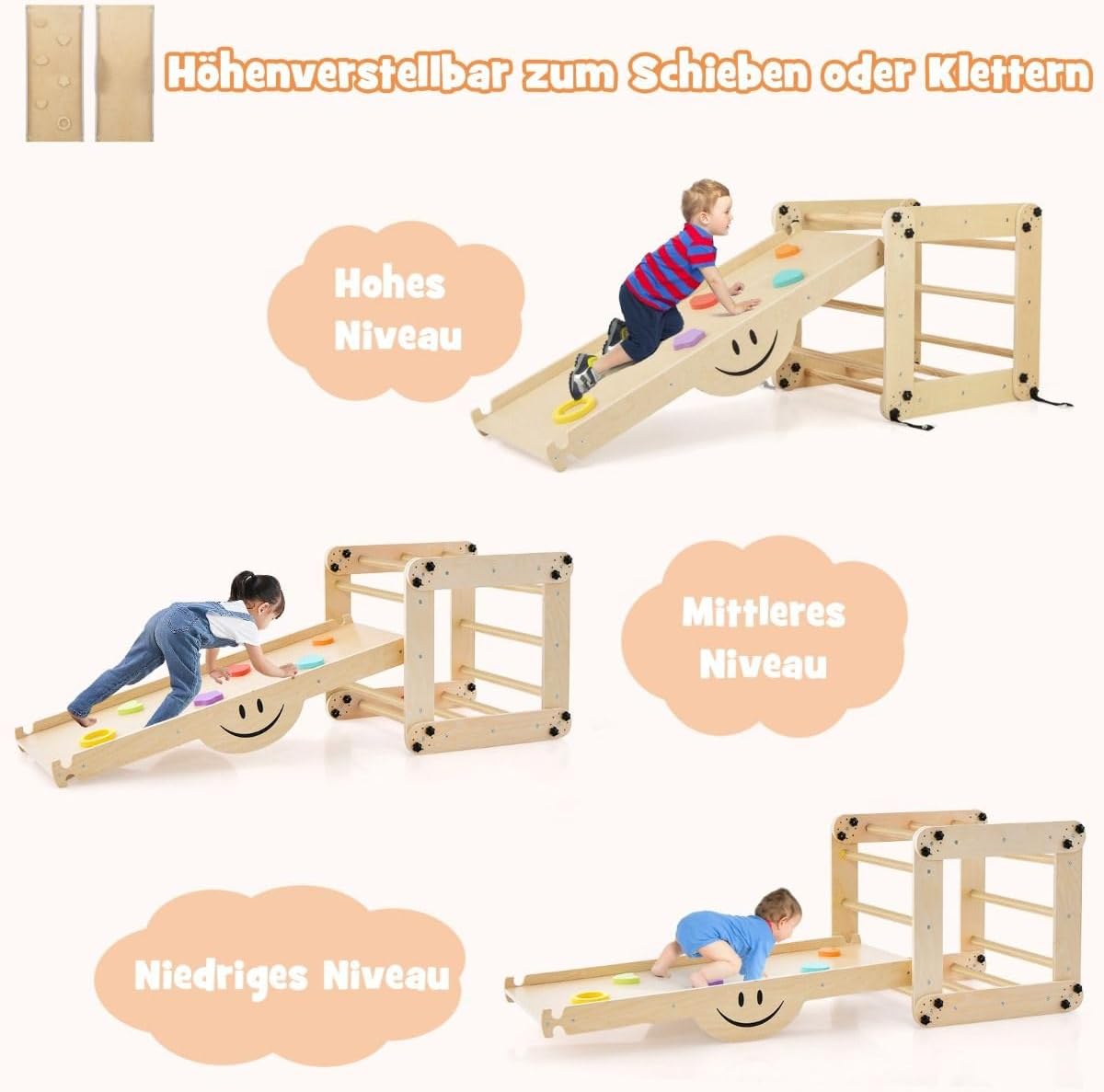 FANTASK Houten klimtoestel, naturel, indoor klimdriehoek, multifunctioneel, met omkeerbare helling, wip, verstelbare klimmer voor kinderen vanaf 3 jaar