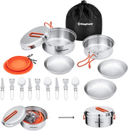 KingCamp Camping Kookgerei Set Servies Rvs Mess Kit Pot Pan Plate Bowl Lepel Vorkmes Karabijnhaken Reizen Kookgerei Outdoor Trekking Wandelen Picknick 25 Stuks voor 3 Personen