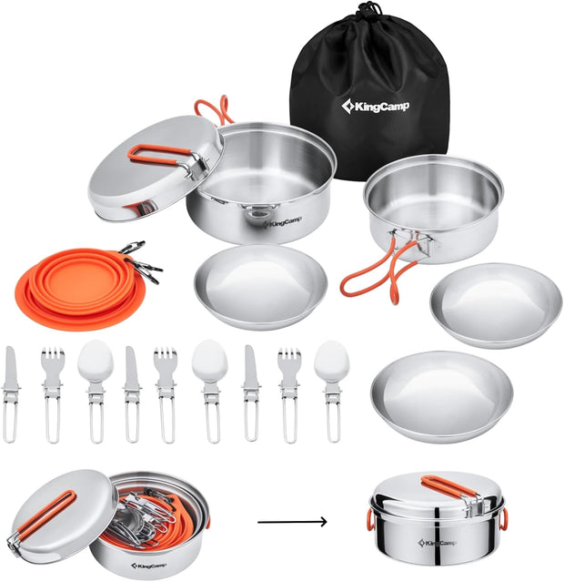 KingCamp Camping Kookgerei Set Servies Rvs Mess Kit Pot Pan Plate Bowl Lepel Vorkmes Karabijnhaken Reizen Kookgerei Outdoor Trekking Wandelen Picknick 25 Stuks voor 3 Personen