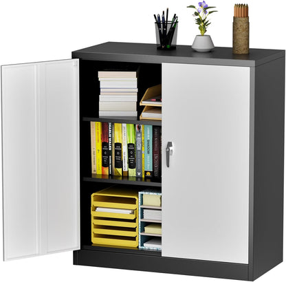 90 cm H Archiefkast, metalen kast met 2 in hoogte verstelbare legplanken, plaatstaal met poedercoating, stalen kast voor gereedschap, garage (zwart/wit)