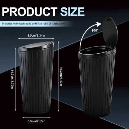 Pack of 2 Car Bin with Lid, Portable Car Waste Bin, Mini Trash Bin, Waterproof and Odour-Inhibiting, Practical Car Waste Bin with 5 Rolls Trash Bags for Car, Home, Office, Bedroom - QUORE
