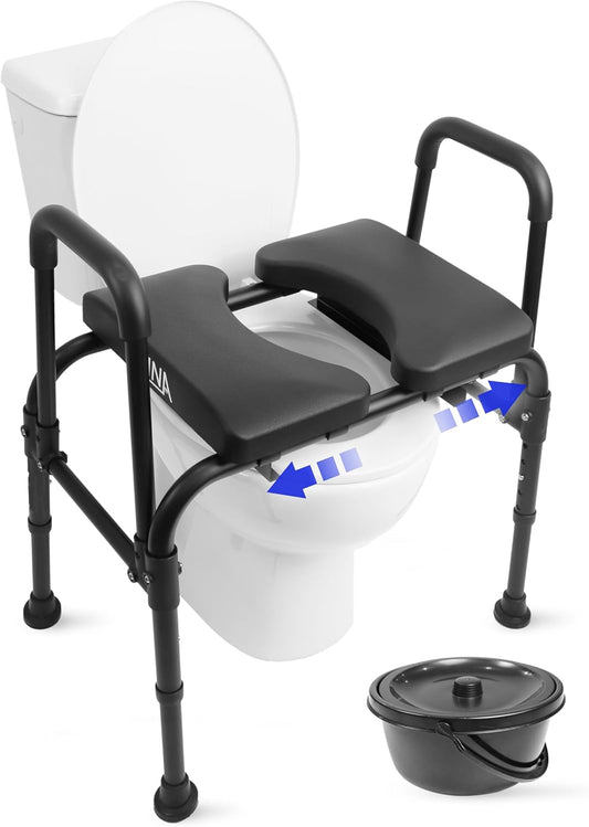 KMINA - Handicap Toiletstoel voor Ouderen met Verstelbare Zitting (180 kg), Stevige Toiletcommode voor Senioren in Hoogte Verstelbaar, 3 in 1 Toiletstoel met Emmer, Toiletcommode - Made in Europe