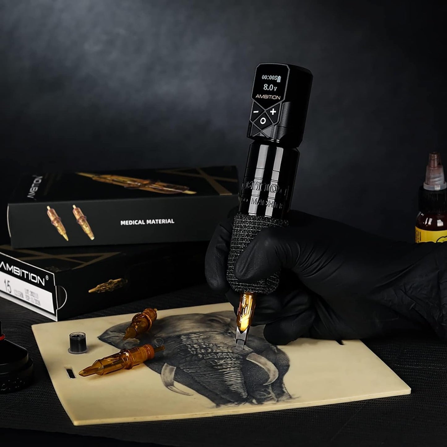 Ambition Torped 32mm Rotary Tattoo Machine Kit, 4.0mm Slag Borstelloze Motor Tattoo Gun met 1 Kuark 2400mAh Batterij