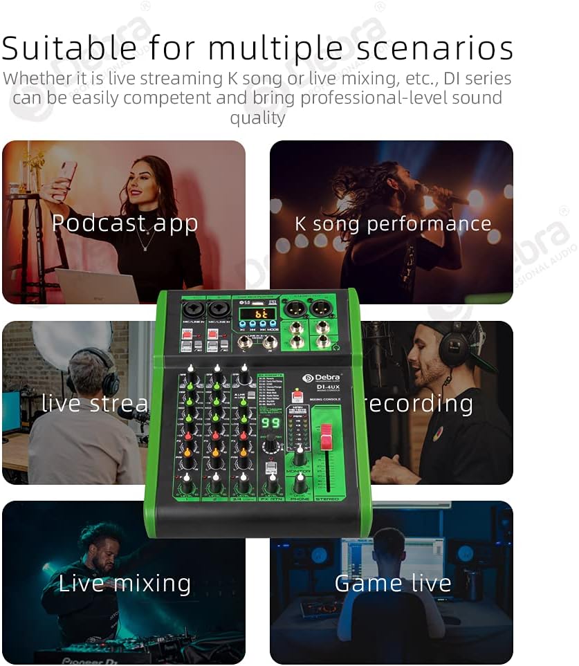 D Debra 4-Kanaals DJ Mixer, 99 DSP Effecten, USB/MP3 Ingang, 48V Fantoomvoeding, Ideaal voor DJ, Karaoke, Studio