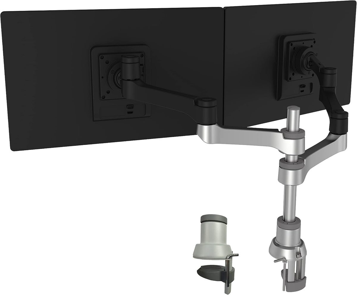R-Go Tools Zepher 4 C2 Twin monitor arm, Dubbele VESA-monitorstandaard in Alunimium, Bureaubevestiging, Verstelbaar, 0-8 kg Draagvermogen, 100% Circulair, Mat zilver, Dubbele beugel