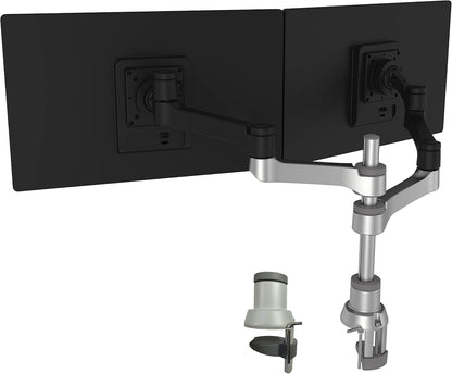 R-Go Tools Zepher 4 C2 Twin monitor arm, Dubbele VESA-monitorstandaard in Alunimium, Bureaubevestiging, Verstelbaar, 0-8 kg Draagvermogen, 100% Circulair, Mat zilver, Dubbele beugel