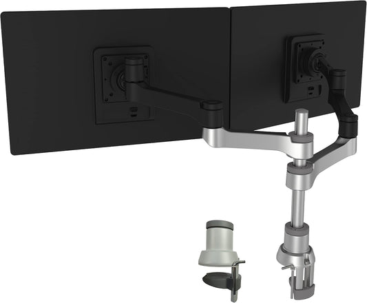 R-Go Tools Zepher 4 C2 Twin monitor arm, Dubbele VESA-monitorstandaard in Alunimium, Bureaubevestiging, Verstelbaar, 0-8 kg Draagvermogen, 100% Circulair, Mat zilver, Dubbele beugel