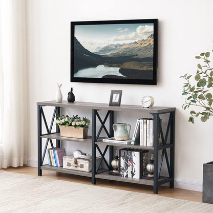 LVB Rustieke banktafel, boerderij consoletafel voor woonkamer, hal entryway tafel met opslag, entree tafel voor foyer, 55 inch grijs eiken