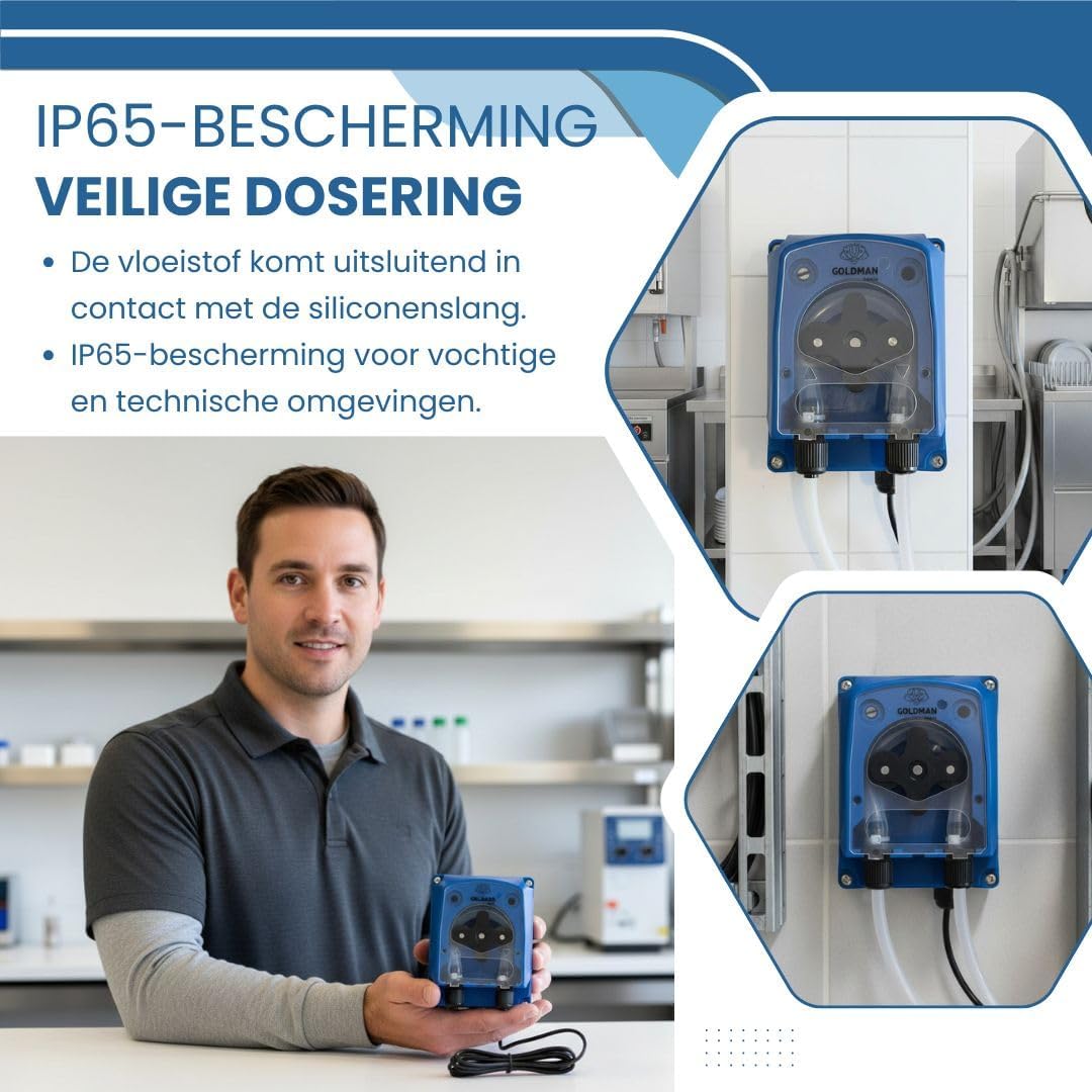Peristaltische doseerpomp, verstelbaar, 120 ml/min, doseerder voor wasmiddel en glansspoelmiddel voor industriële vaatwassers, IP65, 5 W, wandmontage - QUORE