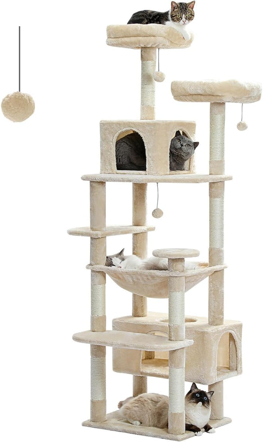 PAWZ Road Large Scratching Post, 184cm Cat Tower for Large Cats, Cat Enclosure with Scratching Posts and Pads Covered in Sisal 2 Padded Perches, Double Enclosure and Basket for Indoor Cats - Beige - QUORE