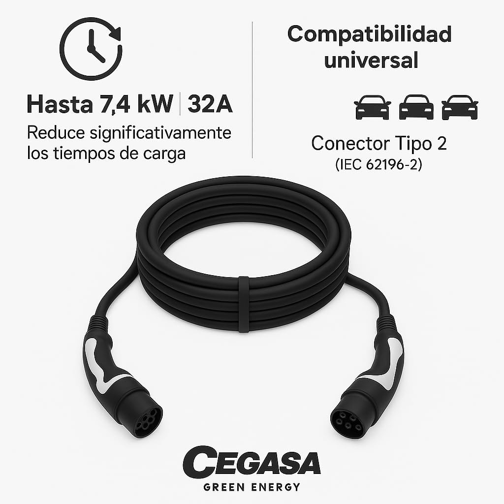 CEGASA - EV-oplaadkabel type 2 eenfasig 7,4 kW (32 A) - 5 m