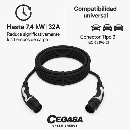 CEGASA - EV-oplaadkabel type 2 eenfasig 7,4 kW (32 A) - 5 m