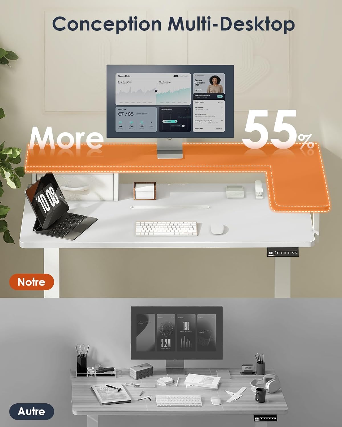 OffiGo Height Adjustable Desk, One-Piece Tabletop, 120x60 Electric Desk with L Monitor Holder, Standing Desk with Drawer, Standing Desk with USB, Ergonomic Computer Desk, White - QUORE