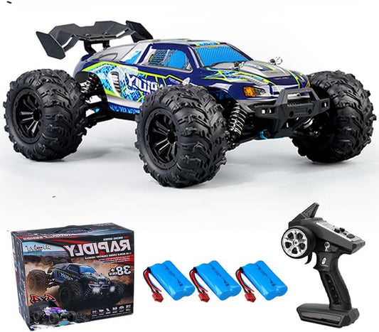 Remote Controlled Car, 50km/h, 1/16 RC High Speed Off-Road Drift Racing Car, 2.4G Carbon Brush Motor, 4WD Off Road Race Buggy for Adults, 3 Batteries, Blue - QUORE