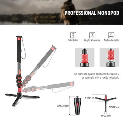 Camera Monopod – Eenpootstatief – Monopod Statief – Camerastandaard – Reisstatief – Uitschuifbaar 72-182 Cm – Afneembare Basis Met 90° Kanteling – Koolstofvezel, Tot 6 Kg Draagvermogen