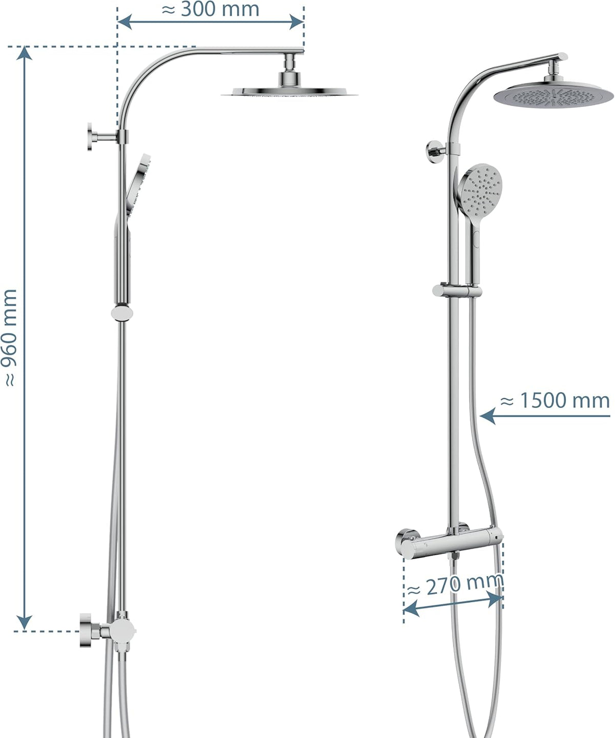 Douche Set – Regendouche – Douchekraan – Handdouche – Douchekolom – Thermostaatkraan – 24 cm Regendouchekop – Anti-Kalk Nozzles