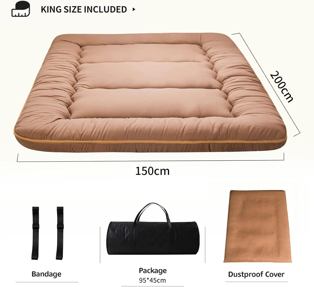 MAXYOYO Vouwmatras Futon matras vloermatras gewatteerd Japans tatami gewatteerd bed, dikke vouwmatras slaapmat rolmatras vloerligbed gastenmatras (lichtbruin, 150 x 200 cm)