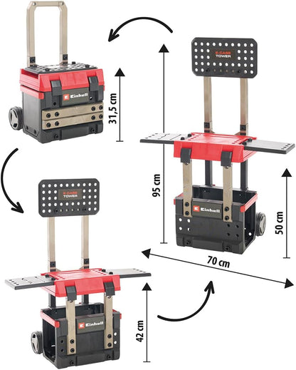 Einhell E-Case werkbank 110-dlg., incl. mini-schroevendraaier, decoupeerzaag, acculamp en veel accessoires, afmetingen ca. 70 x 33,5 x 95 (H) cm, de eerste transportbare en meegroeiende werkbank voor