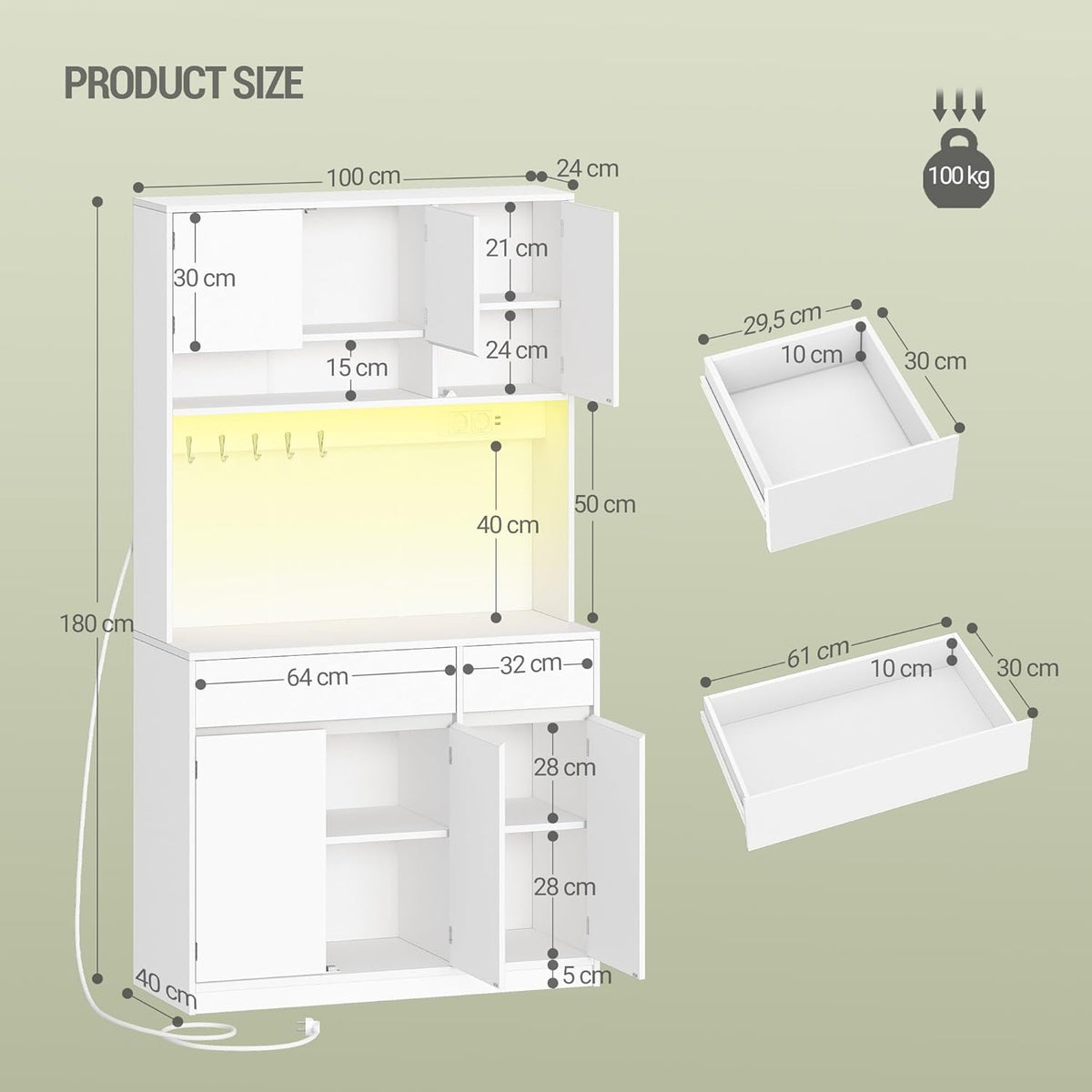Hzuaneri Kitchen Cabinet, Buffet Cabinet, Tall Cabinet with Sockets and LED Light Strips, with Worktops and Two Drawers, Adjustable Shelves, Kitchen, 40 x 100 x 180 cm, White, PT00203XEU