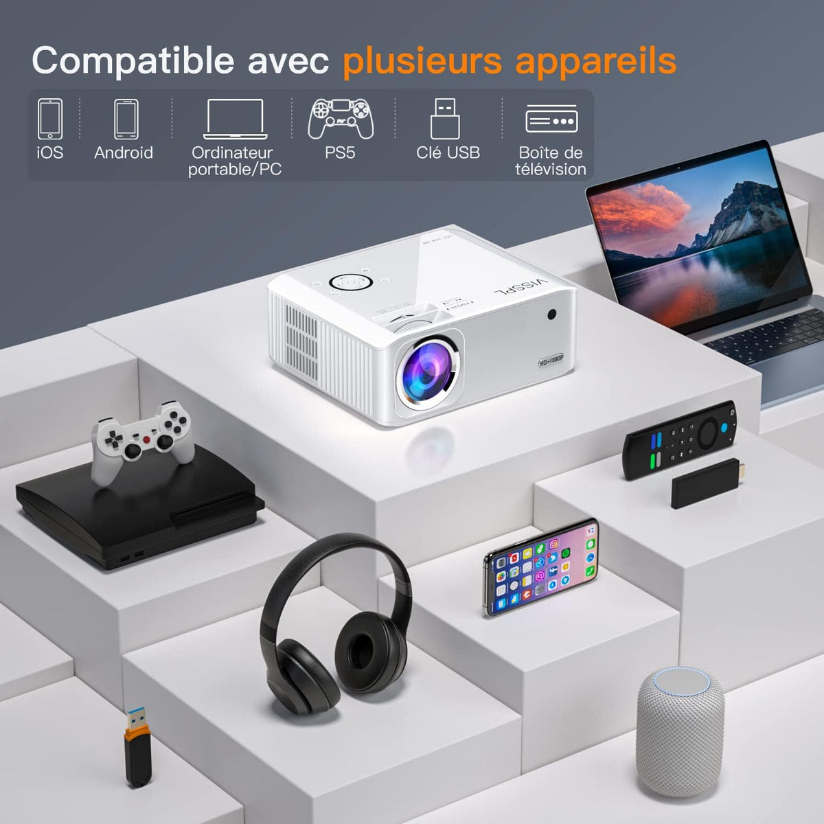 [Keystone Elektrische 6D/4P] Beamer WiFi Bluetooth 21000L, VISSPL Full HD 1080P Projector 4K ondersteund, PPT, 50% zoom, Videoverprojector voor TV Stick/iOS/Android/USB/PC