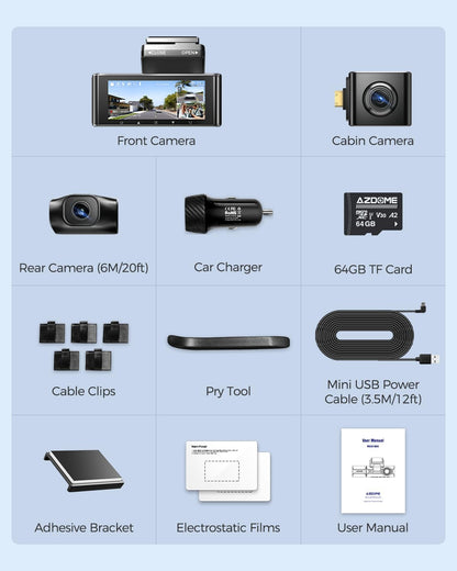AZDOME 3 lens dashcam 4K+1080P+2.5K auto camera met wifi, GPS, 4K camera voor, super nachtzicht, parkeerbewaking, loopopname, WDR, G-sensor, 3,19 inch IPS-scherm voor Taxiis (M550 MAX)
