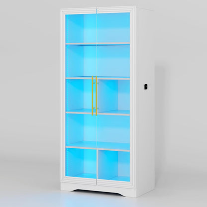 LVSOMT Glazen vitrine met ledverlichting, 165 cm, vitrinekast met glazen deuren, vitrine met 4 displayplanken, 3 kleuren licht, vitrine, glas, hout, woonkamer, hal, wit