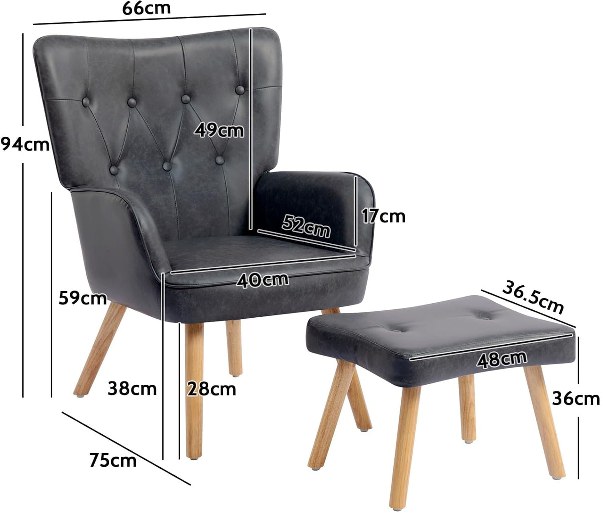 HollyHOME Comfortable Armchair with Footstool Living Room Chair Cozy Relaxing Arm Chairs PU Leather Accent Chairs Reading Chair Bedroom, Black - QUORE