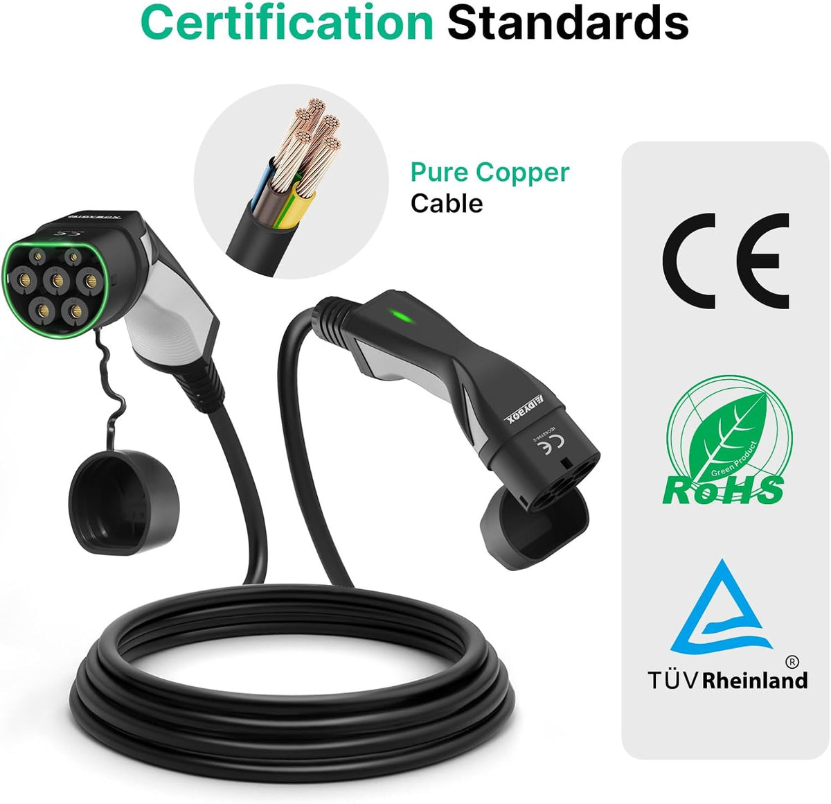 Oplaadkabel 11 KW driefasig 10 m type 2 naar type 2 EV oplader 16 A compatibel met model S/3/X/Y, e-Golf/e-UP/ID.3, i3/i8, EQC/EQS