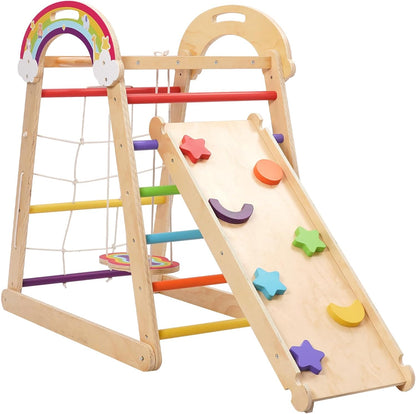 Montessori Klimrek, 5-in-1 indoor speelplaats voor kinderen, met schommel, boog, glijbaan en klimtouw