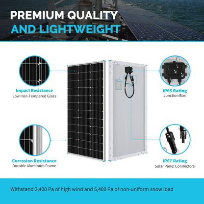 Renogy 200 W 12 V Monokristallijn Panel Starter 40A Rover MPPT Controller/Montage Z Beugels/Lade Kabel/Adapter Kit, RV Solar Opladen, Boten, Off-Grid Systeem