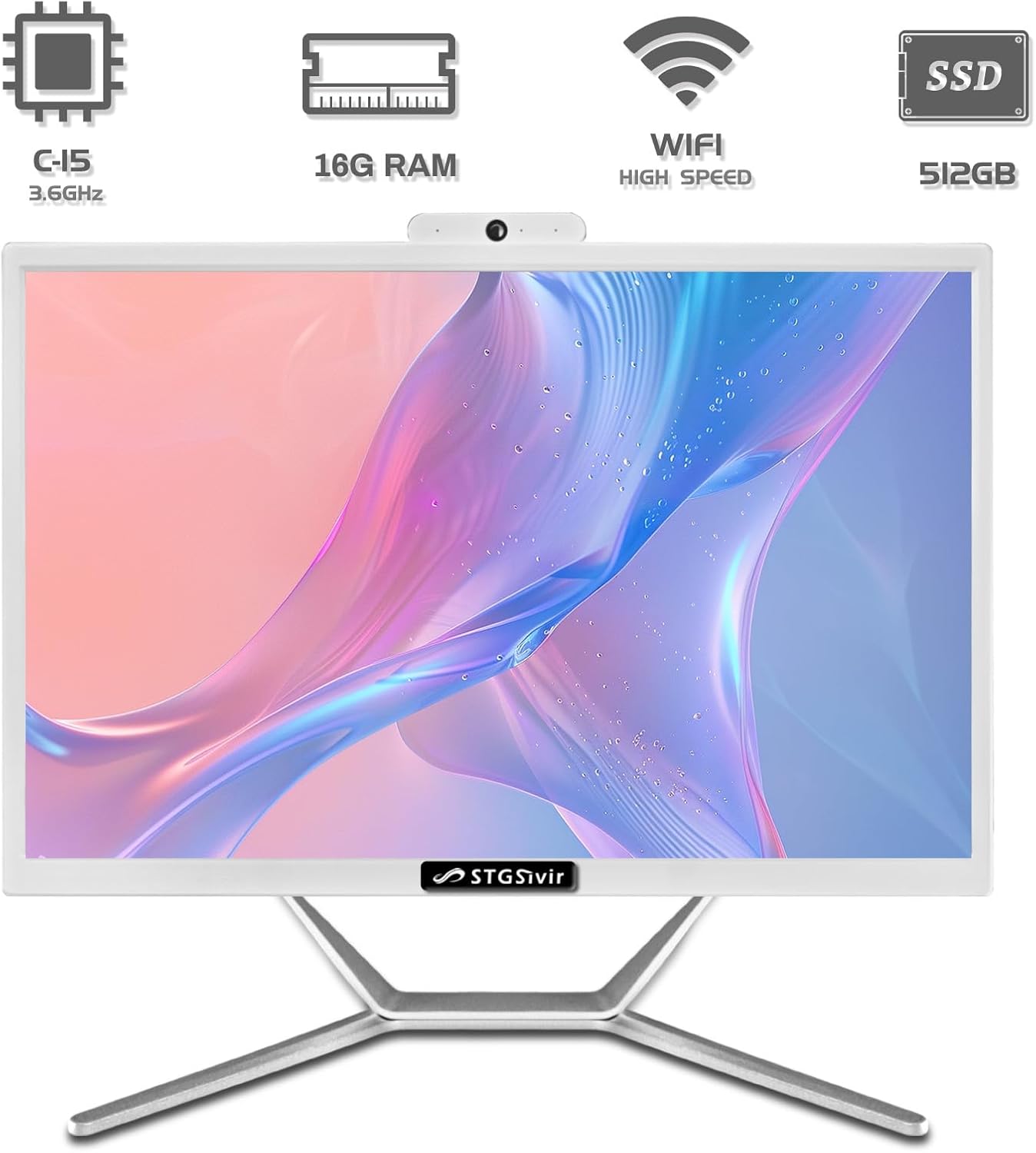STGsivir All-in-one desktop, 21.5 inch, i5 to 3.6 GHz, 16 GB RAM, 512 GB SSD, WiFi, Bluetooth, Windows 11 Pro, white - QUORE