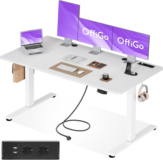 OffiGo Bureau Assis-Debout, 160 cm Elektrisch Bureau met Stopcontacten en USB, Standing Desk met 2 Geheugenstanden, Elektrische Tafel voor Thuis, Wit