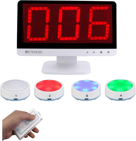Retekess TM101 Draadloos Antwoordzoemersysteem Voor Lightning Rounds Kennisdebatwedstrijd (1 Display En 4 Antwoordzoemers En 1 Afstandsbediening)