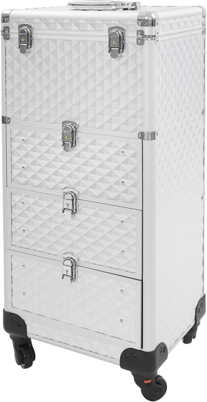 OUKANING Professional Makeup Case Trolley with Lock 3 Drawers and Telescopic Handle Shockproof Aluminium Cosmetic Case with 4 Wheels for Makeup Artists Travel Salon (Silver, Water Cube Pattern - QUORE