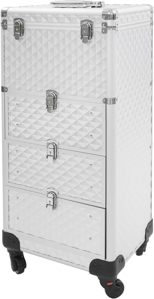 OUKANING Professional Makeup Case Trolley with Lock 3 Drawers and Telescopic Handle Shockproof Aluminium Cosmetic Case with 4 Wheels for Makeup Artists Travel Salon (Silver, Water Cube Pattern - QUORE