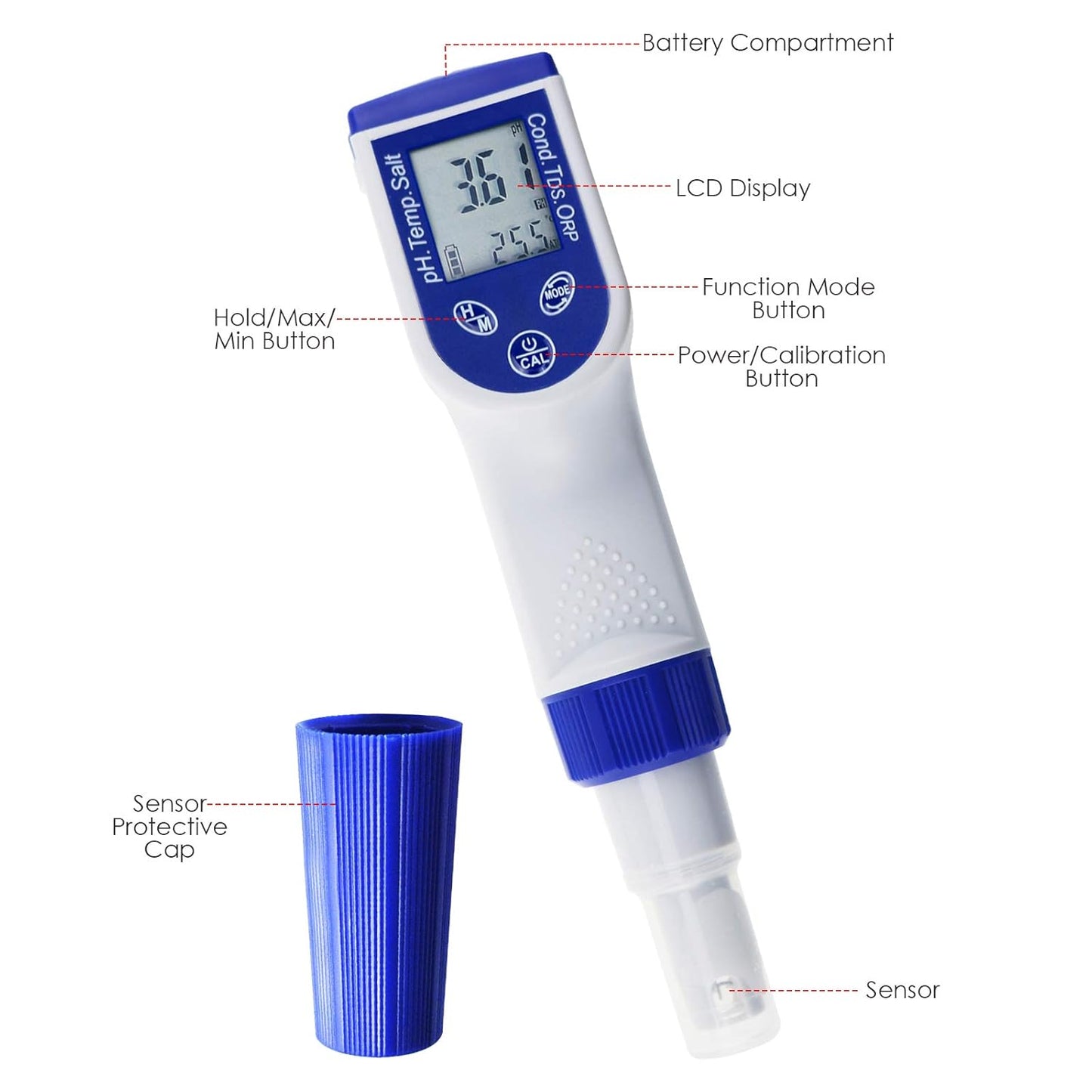 6-in-1 pH-Meter voor Waterkwaliteit; Multiparameters (pH-ORP TDS Saliniteit Geleidbaarheid CE Temperatuurmeter) Waterdichte Digitale Pen met Verwisselbare ORP-Sonde
