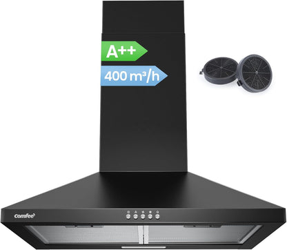 COMFEE CH60A17EM400B Afzuigkap, 60 cm convectie en afvoerlucht, wandkap met actieve koolfilter, 400 m³/u luchtstroom, 5 lagen, wasbaar vetfilter, instelbare open haard, zwart
