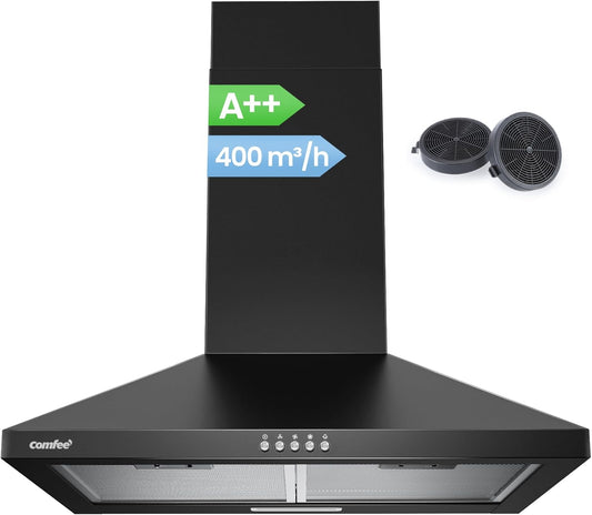 COMFEE CH60A17EM400B Afzuigkap, 60 cm convectie en afvoerlucht, wandkap met actieve koolfilter, 400 m³/u luchtstroom, 5 lagen, wasbaar vetfilter, instelbare open haard, zwart