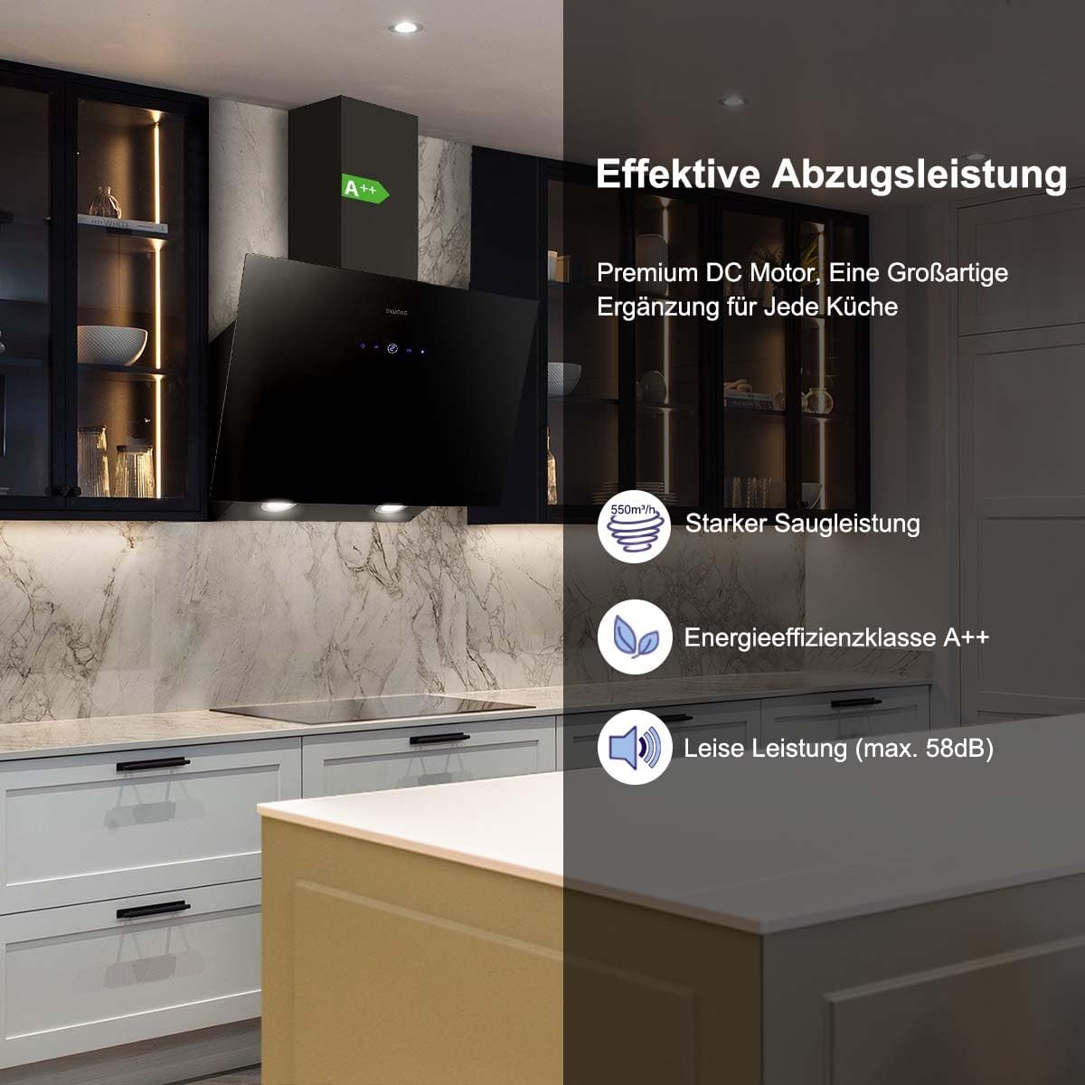 SNDOAS Afzuigkap 60 cm, klasse A++, 550 m³/u, keukenafzuigkap met 2 koolstoffilters, 3 snelheden, touch-bediening, vertraagde uitschakeling (1-9 minuten), afvoer of recycling, zwart